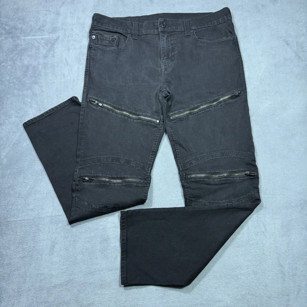 True Religion Jeans Mens 38x33 Black Moto Stretch Denim Tapered Retro Biker Y2K